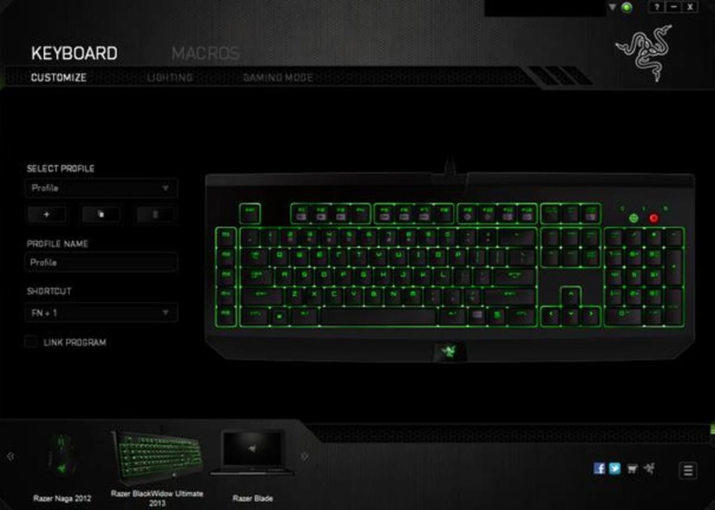 Razer Synapse keyboard customize screen with a backlit BlackWidow and profile controls