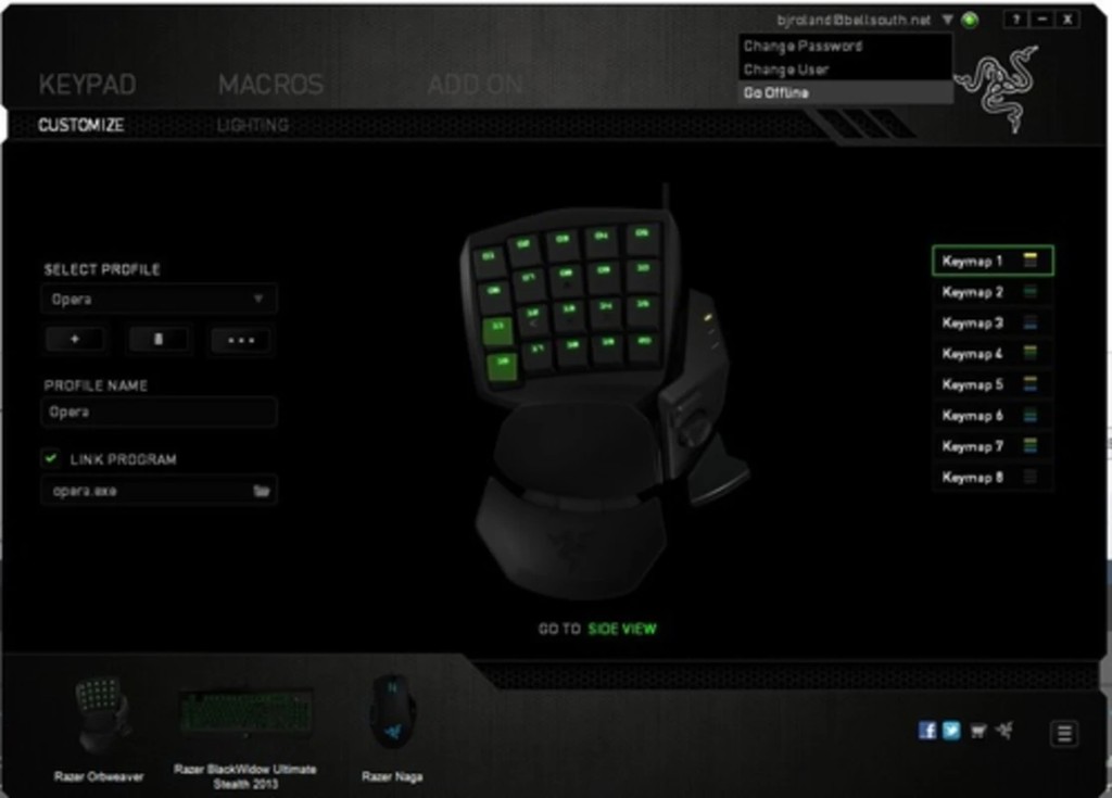 Razer Synapse keypad customize screen with an Orbweaver, profile Opera, and Keymap 1 selected