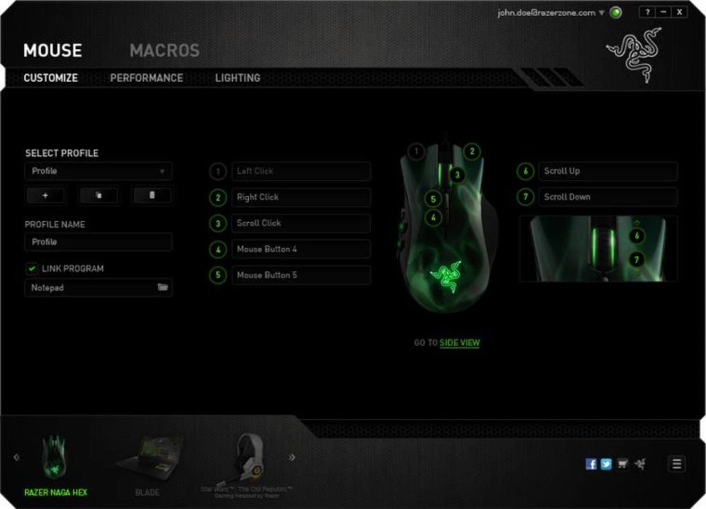 Razer Synapse mouse customize screen with a Naga Hex, numbered buttons, and a linked program
