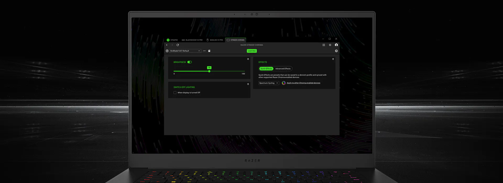 Laptop display of the control suite against a dark motion field