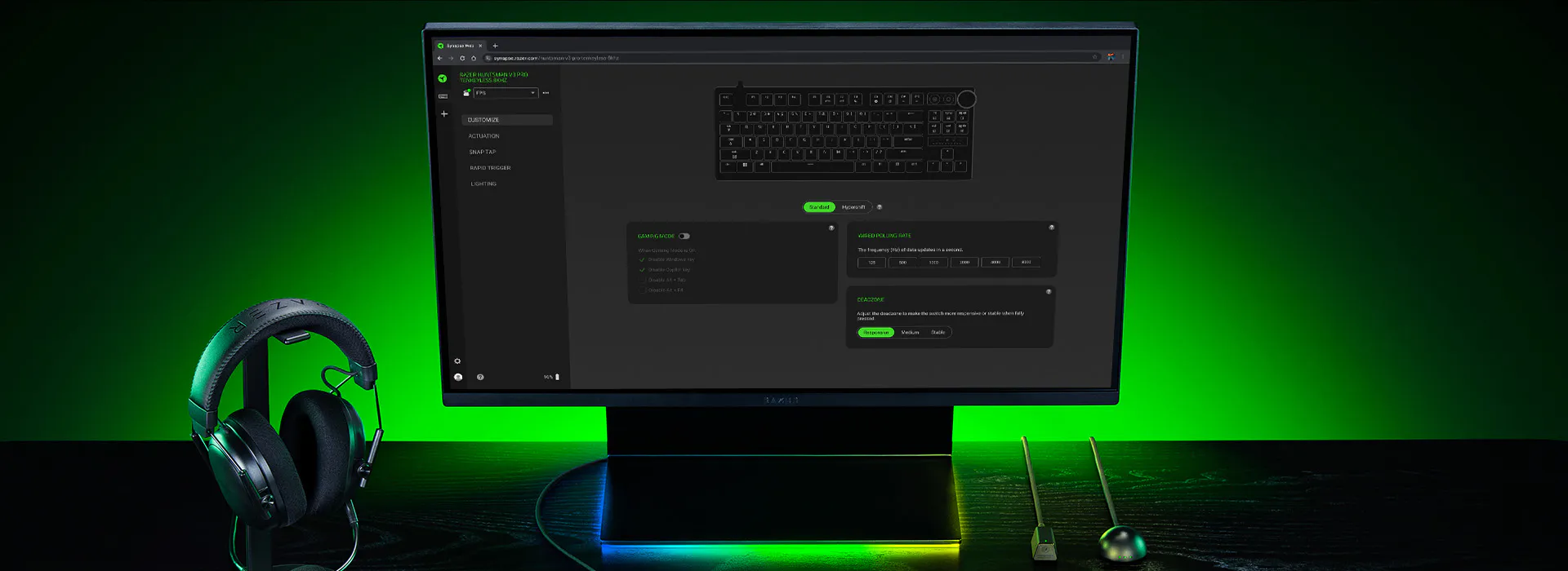 Browser window of the web control layer on a desk with headset and lighting